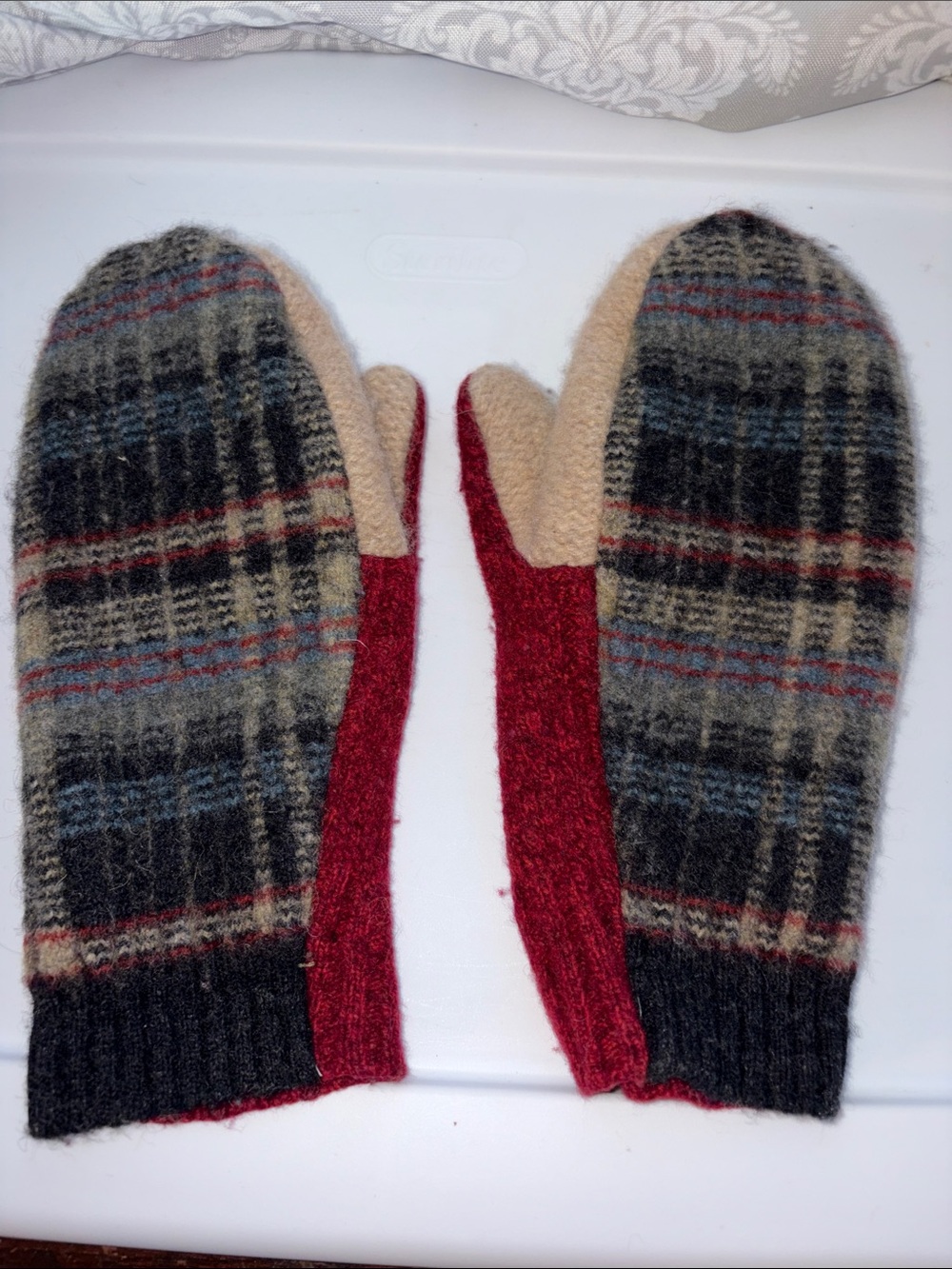 Plaid Wool-Blend Mittens fleece lined with Red Side Panels